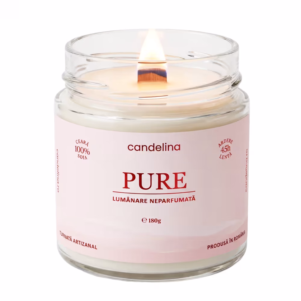 Lumânare fără parfum PURE - Ceară Pură de Soia, 180g, neparfumata, fundal alb