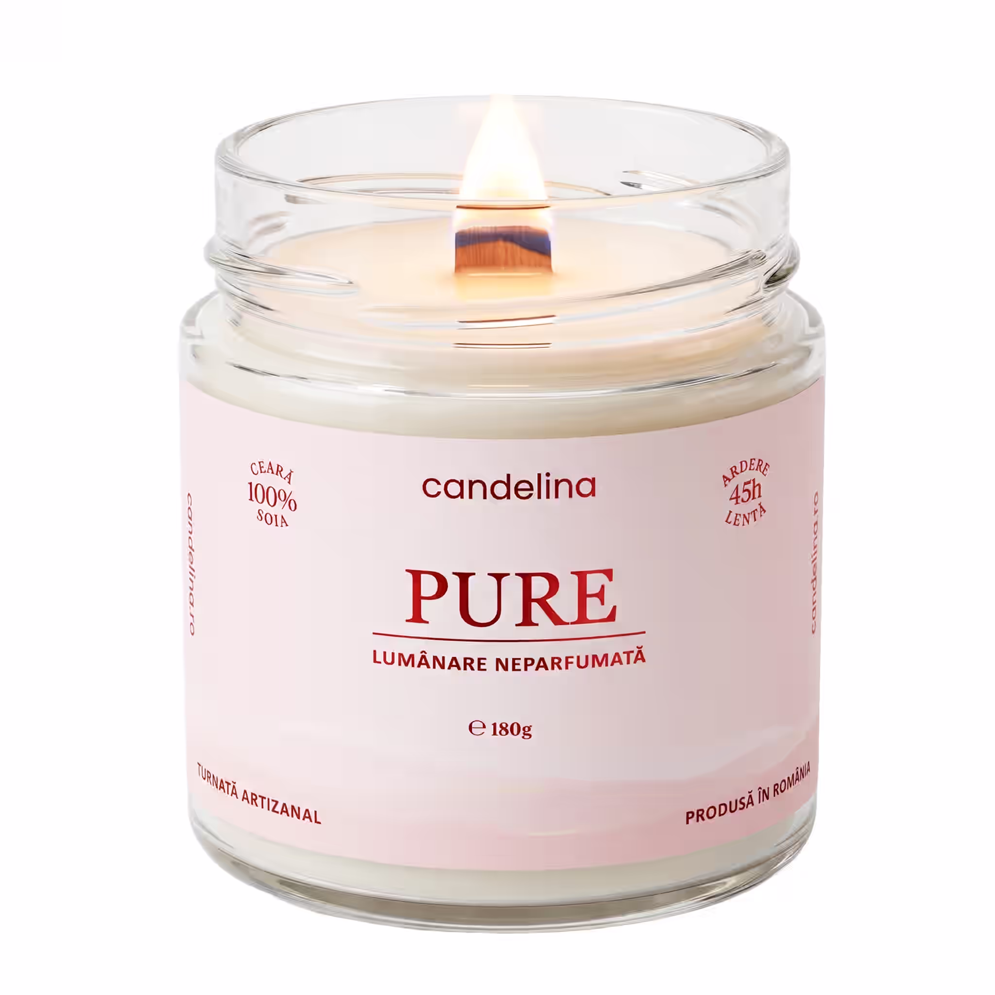 Lumânare fără parfum PURE - Ceară Pură de Soia, 180g, neparfumata, fundal alb