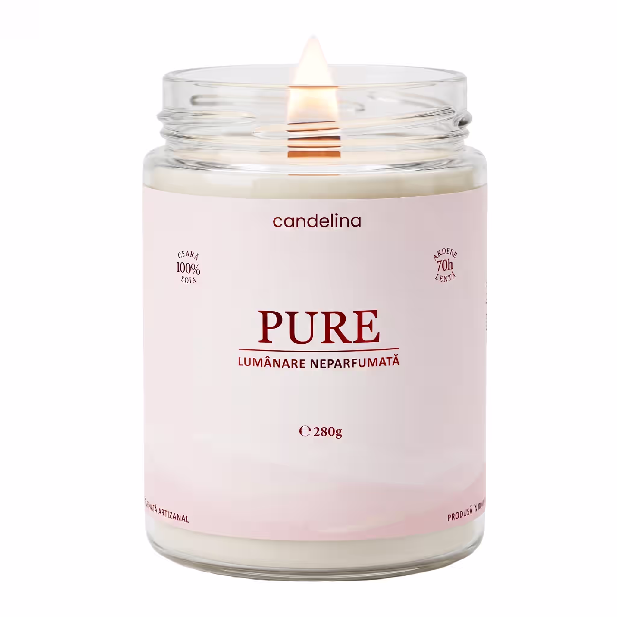 Lumânare fără parfum PURE - Ceară Pură de Soia, 280g, neparfumata, fundal alb