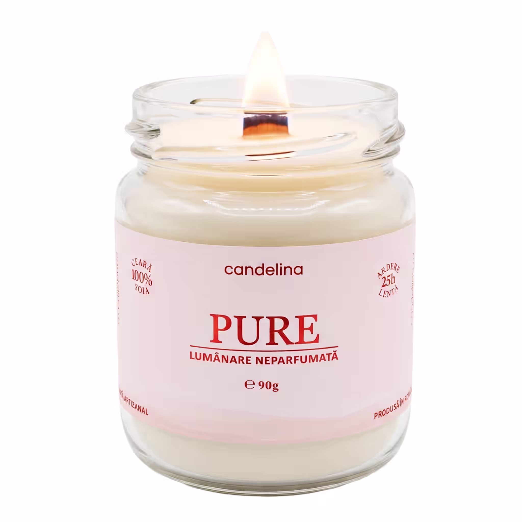 Lumânare fără parfum PURE - Ceară Pură de Soia, 90g, neparfumata, fundal alb