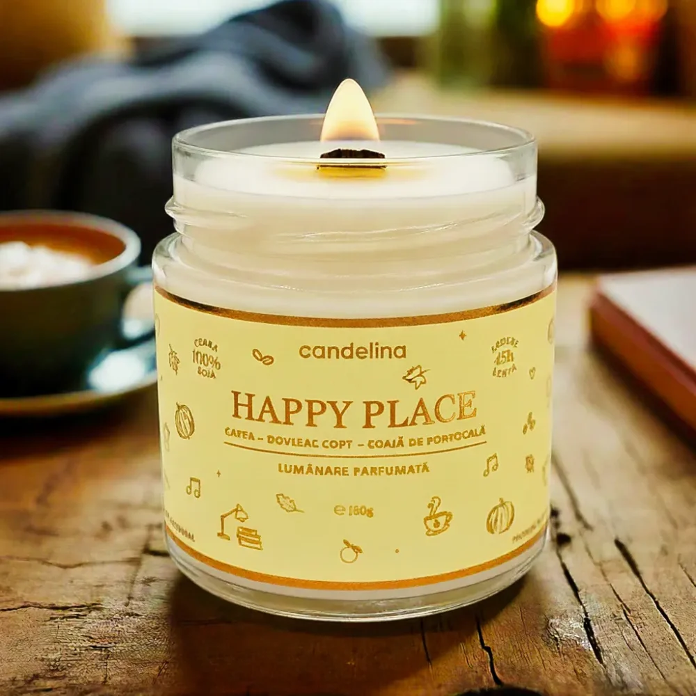 Lumânare parfumată HAPPY PLACE - Cafea, Dovleac Copt, Coajă de Portocală, 180g