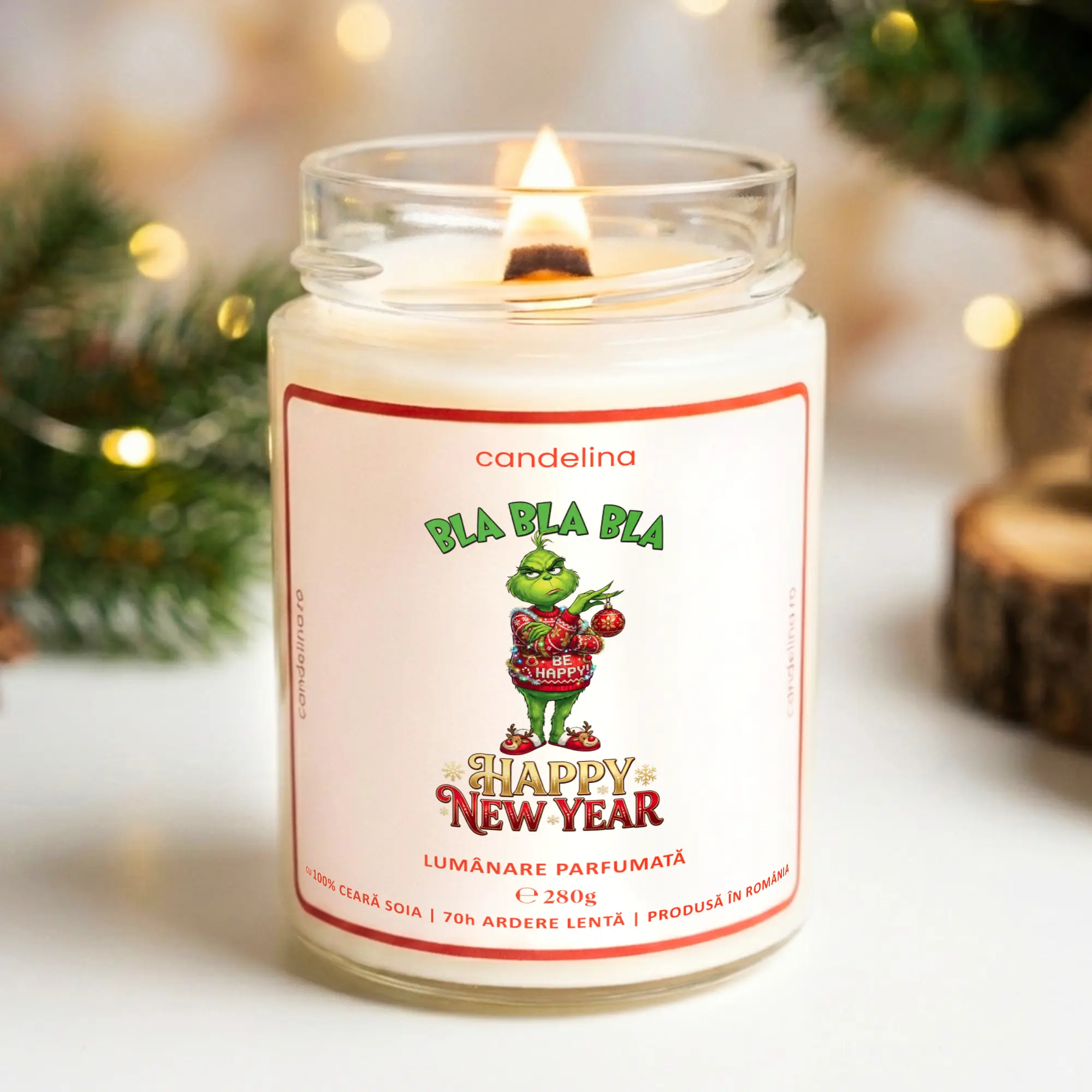 Lumânare Parfumată BLA BLA BLA HAPPY NEW YEAR, 3 Arome la Alegere, 280g