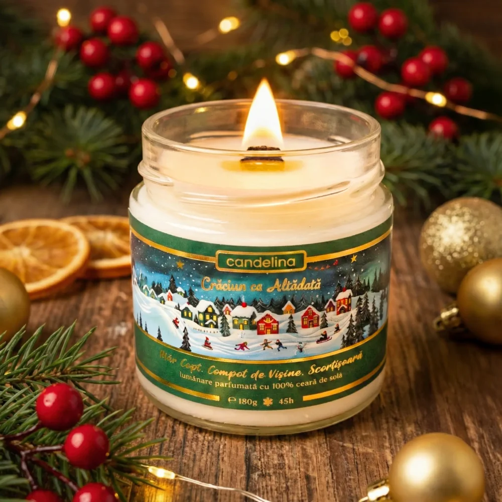 Lumânare parfumată CRĂCIUN CA ALTĂDATĂ - Măr Copt, Compot de Vișine, Scorțișoară, lumanare parfumata handmade craciun