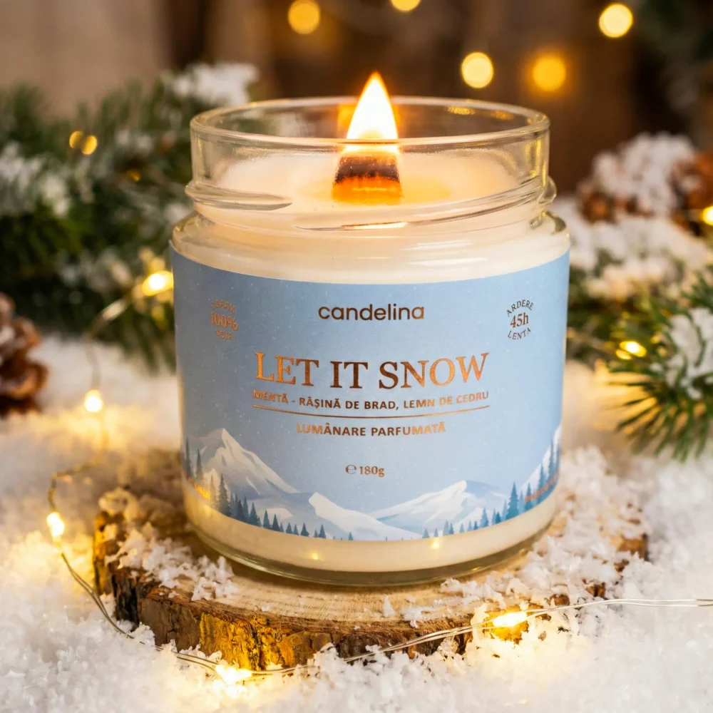 Lumânare parfumată LET IT SNOW - Mentă, Rășină de Brad, Lemn de Cedru, lumanare parfumata handmade craciun