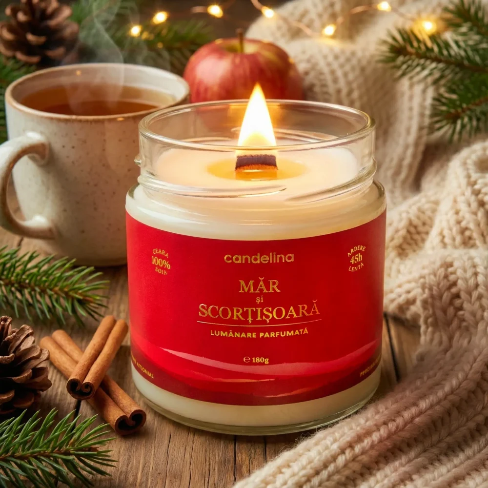 Lumânare parfumată MĂR ȘI SCORȚIȘOARĂ, lumanari parfumate naturale handmade de craciun